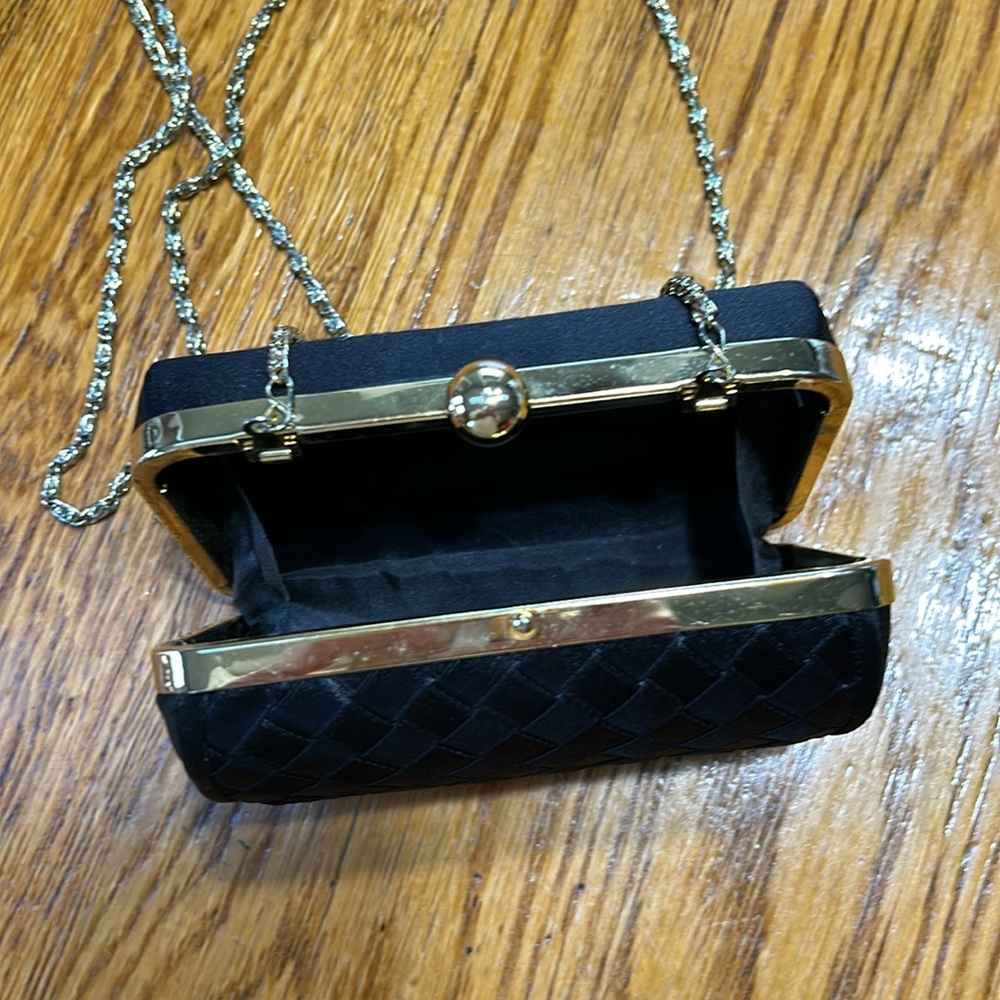 Black vintage satin basket weave evening bag with gold chain.  Good condition. - Picture 3 of 9